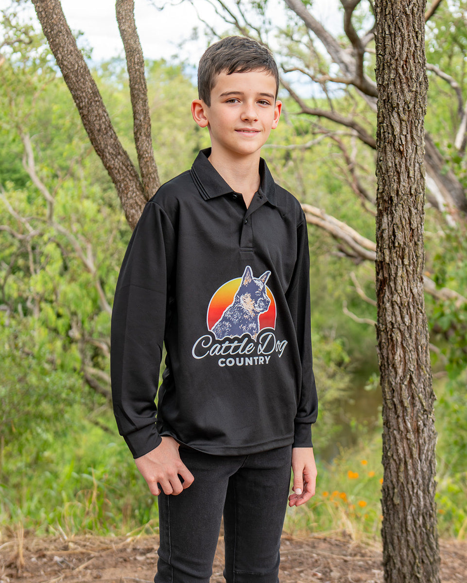 Kids sun smart long sleeve polo black front