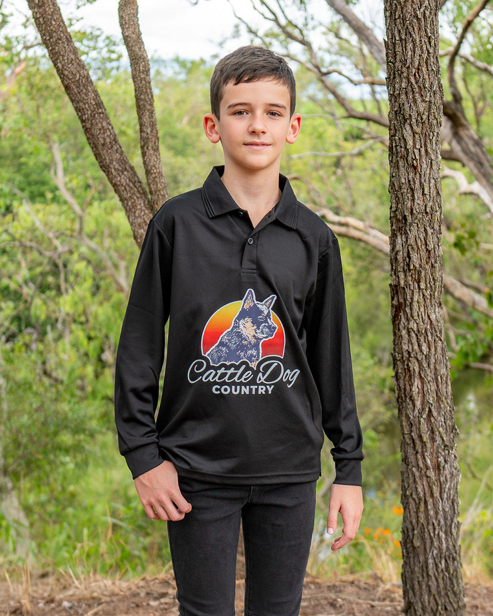 Kids sun smart long sleeve polo black front 2