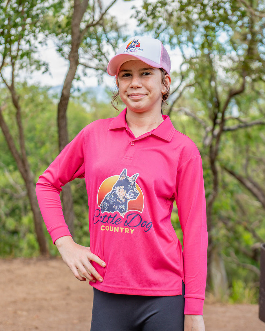 Kids sun smart long sleeve polo pink front