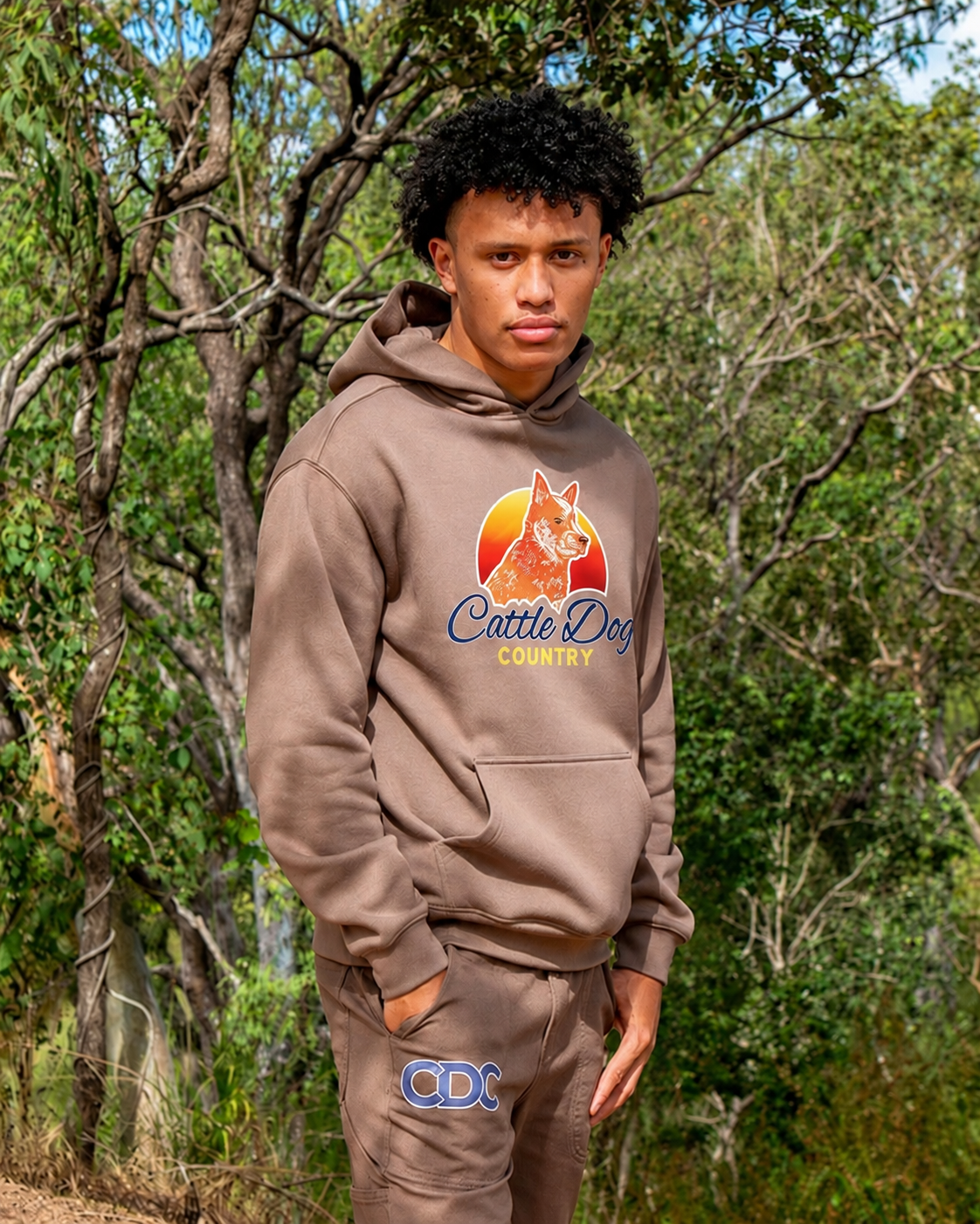 Mens Relaxed Hood Walnut Red Logo