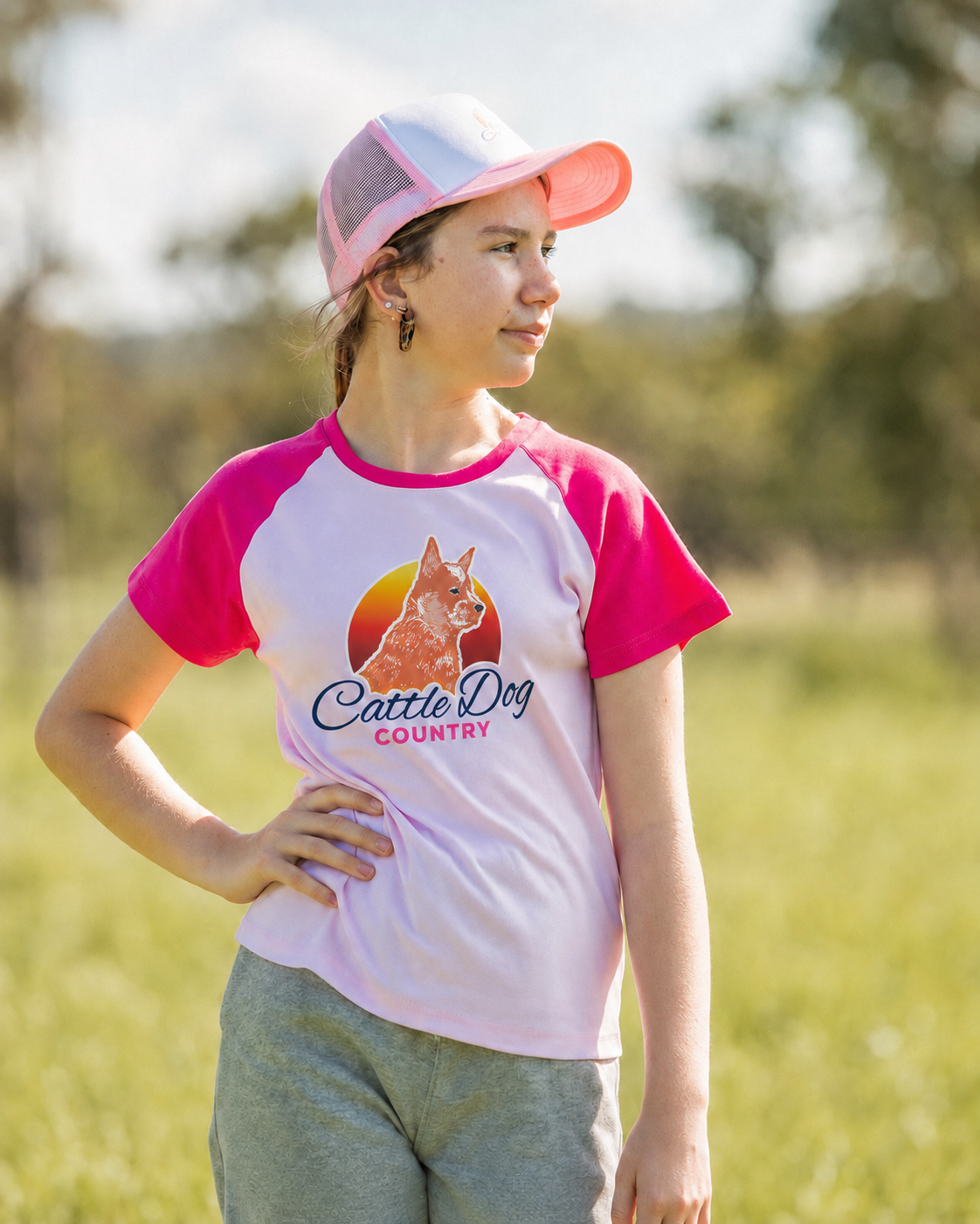 Hot Pink Kids Raglan Tee Red Logo