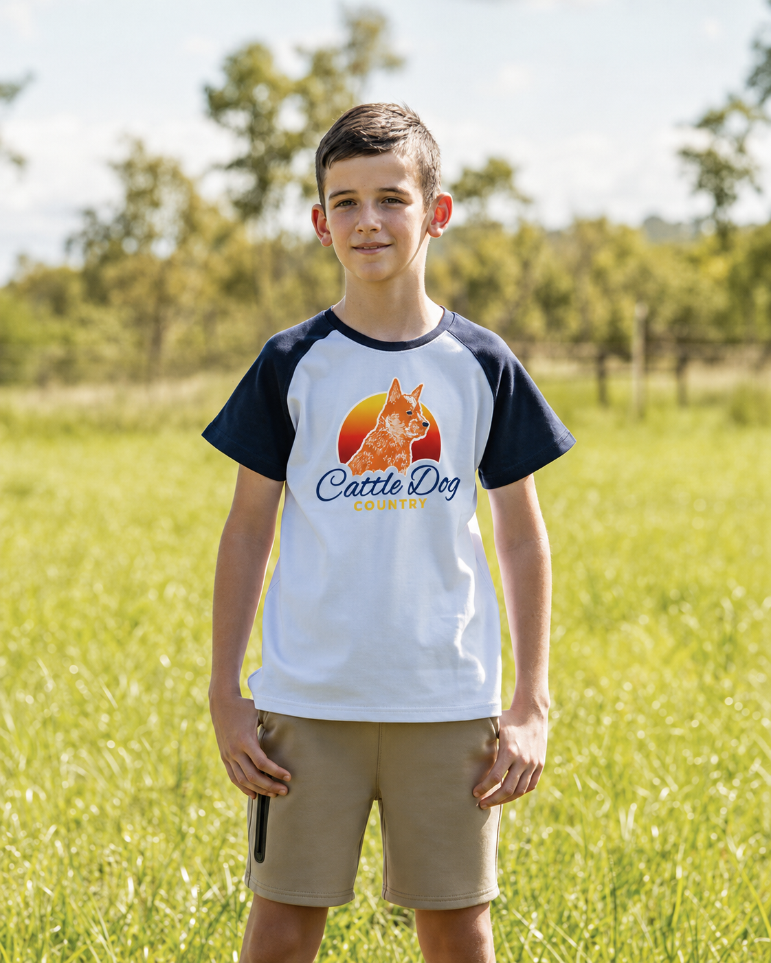 Kids Navy Raglan Tee Red Logo