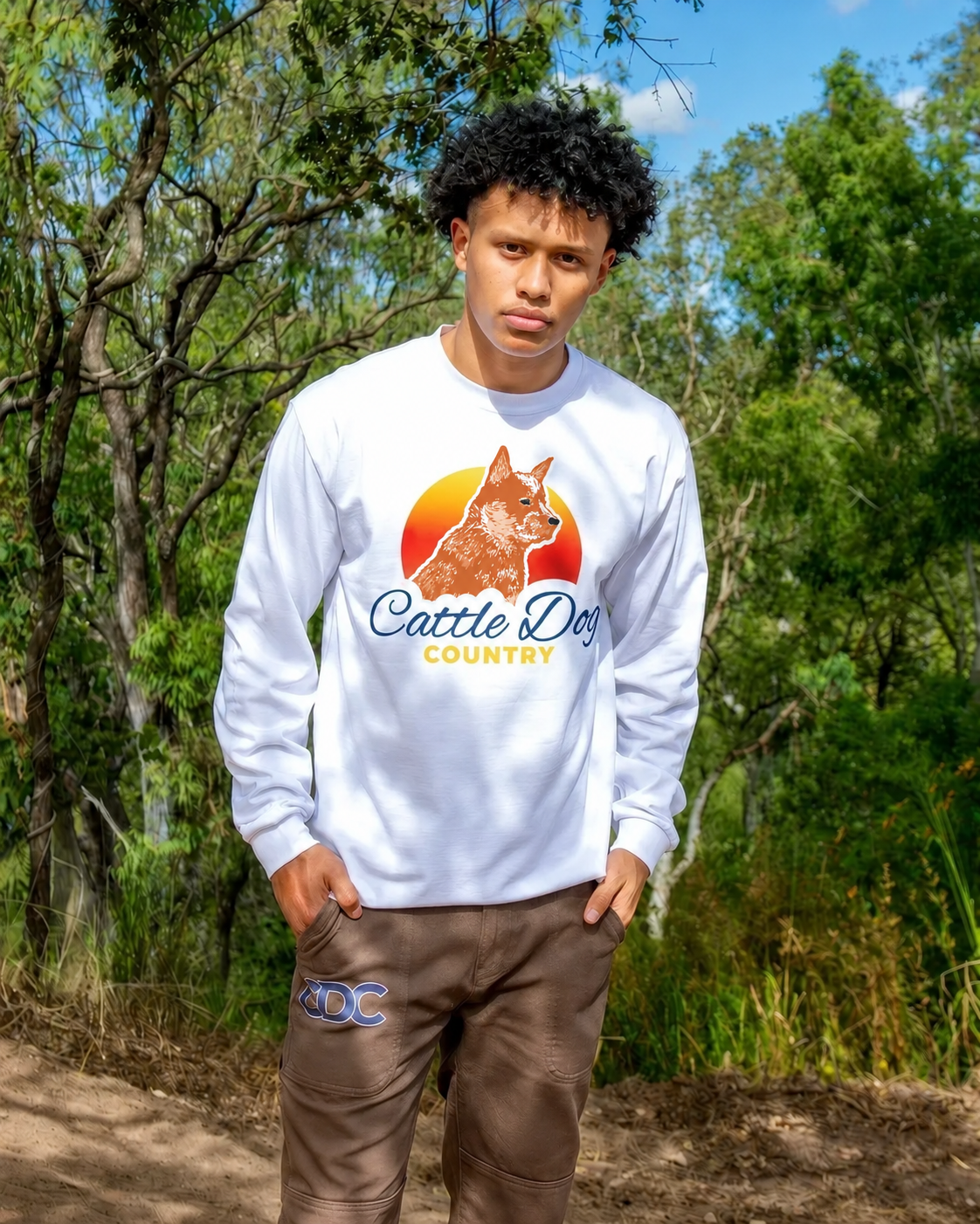 Mens Heavy Long Sleeved Tee White Red Logo