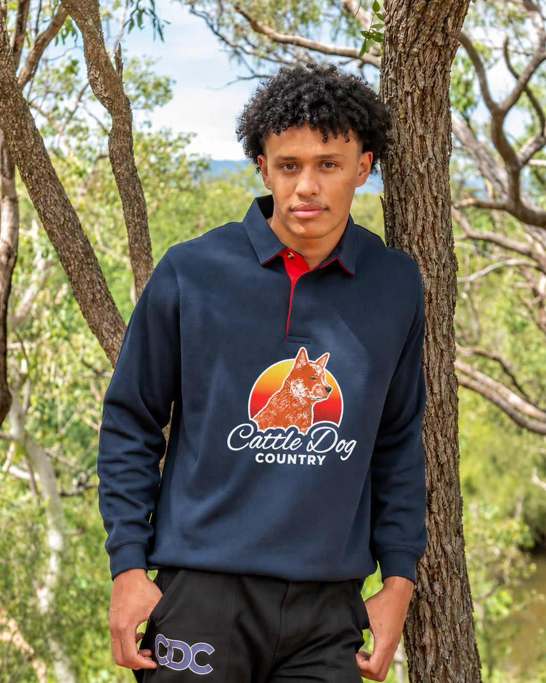 Mens Two Toned Rugby Long Sleeve Shirt Navy/ Red Red Logo